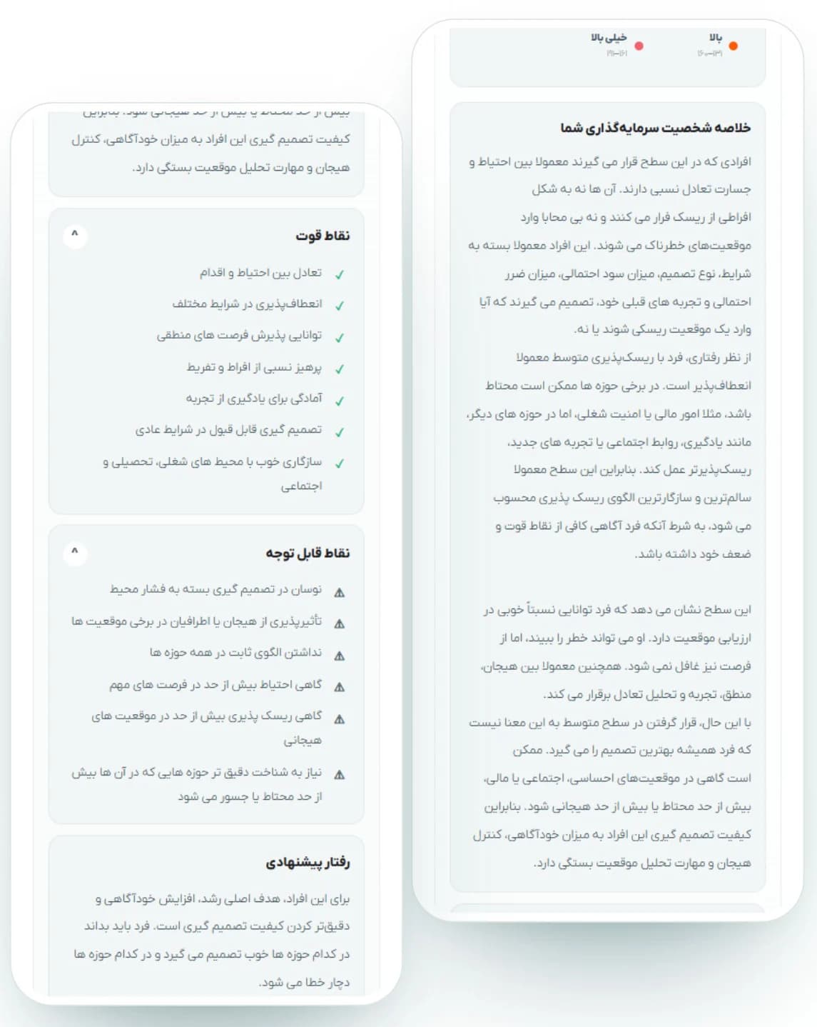 خلاصهٔ شخصیت سرمایه‌گذاری، نقاط قوت، نقاط قابل توجه و رفتار پیشنهادی در نتیجهٔ آزمون ریسک